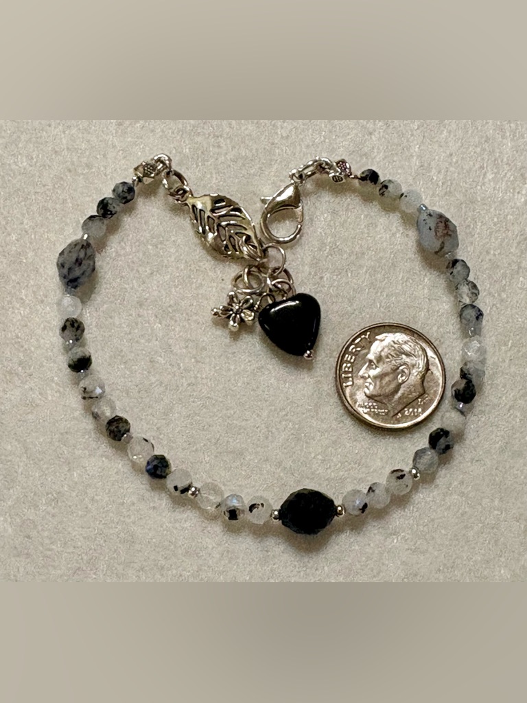 Moonstone With Black Tourmaline Faceted Bead Bracelet With Heart Charm. 8 Inch